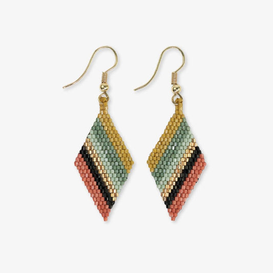 Pair of geometric earrings with multicolor pattern on a white background
