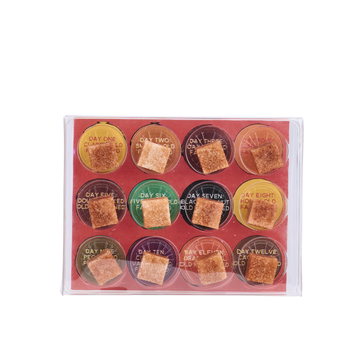 Set of twelve round containers with brown squares on a pink background