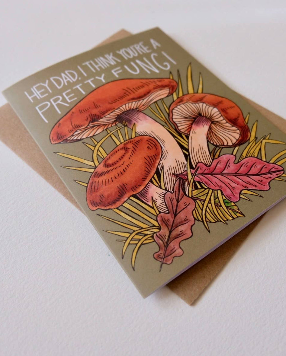 Greeting card with mushroom illustration and text on a white background