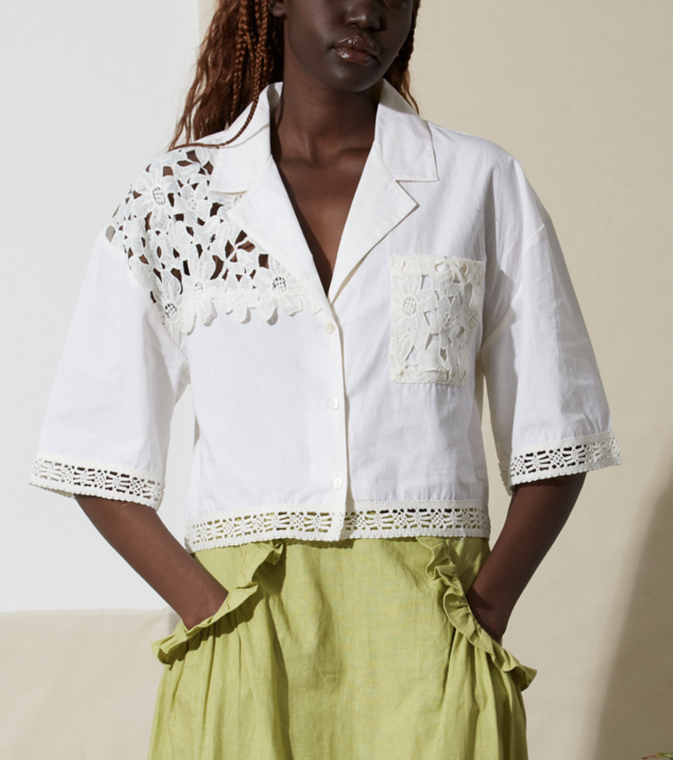 Crop Shirt with Lace Trim - Cream