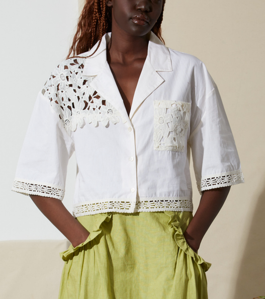 Crop Shirt with Lace Trim - Cream