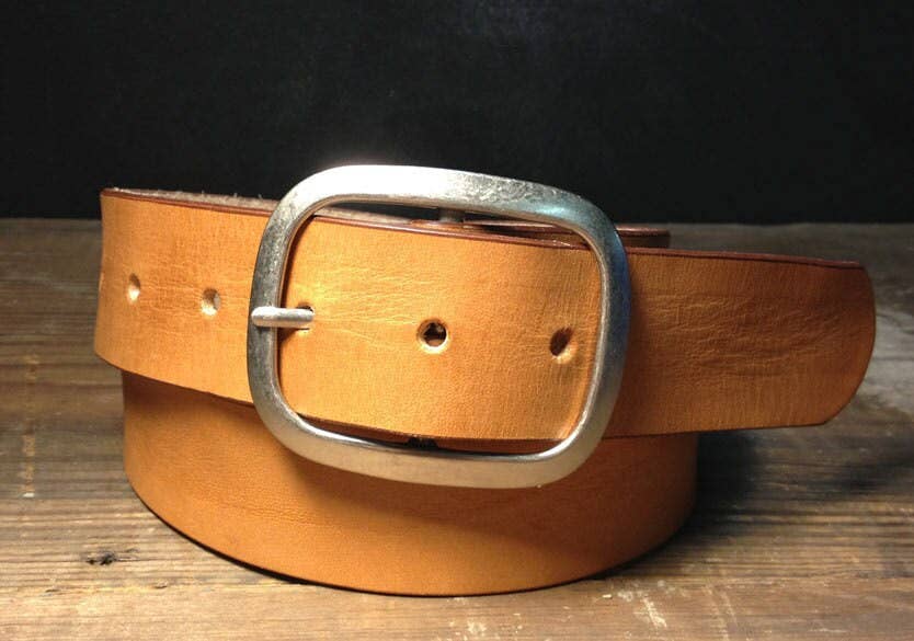 Nude Tan Leather Belt with Antique Brass Buckle