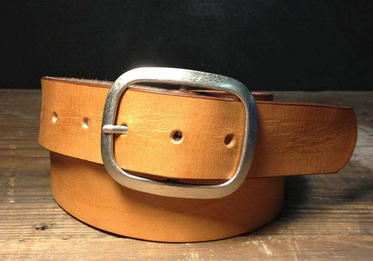 Nude Tan Leather Belt with Antique Brass Buckle