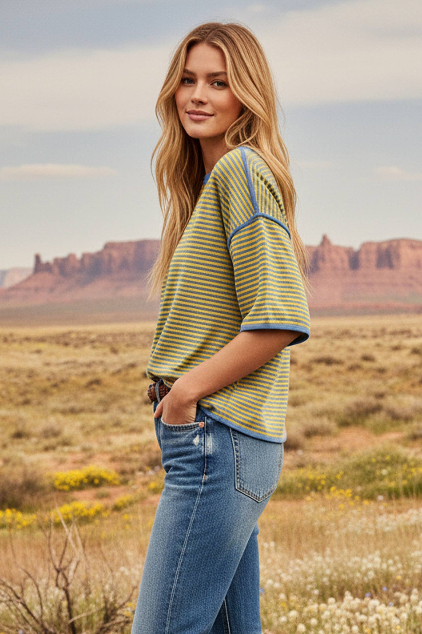Woman in a striped shirt and jeans standing in a desert landscape with mountains in the background