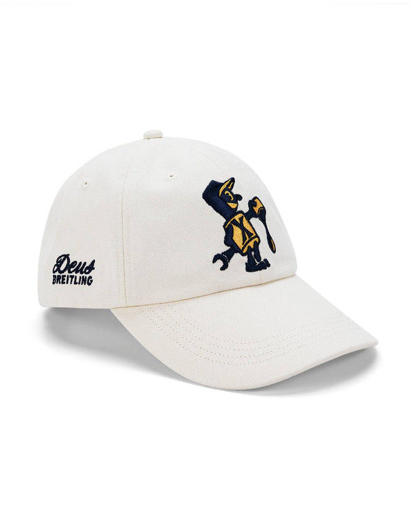 White cap with a logo and text on a white background