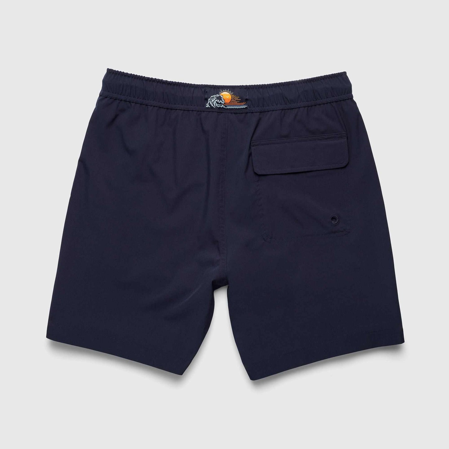 Navy blue shorts with a brand logo on a light gray background
