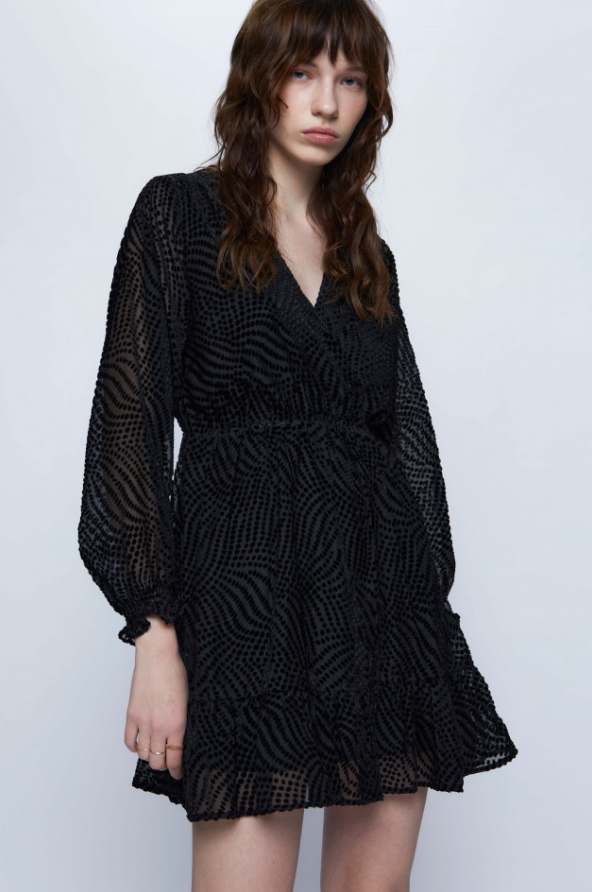 Short Devoré Velvet Wrap Dress - Black