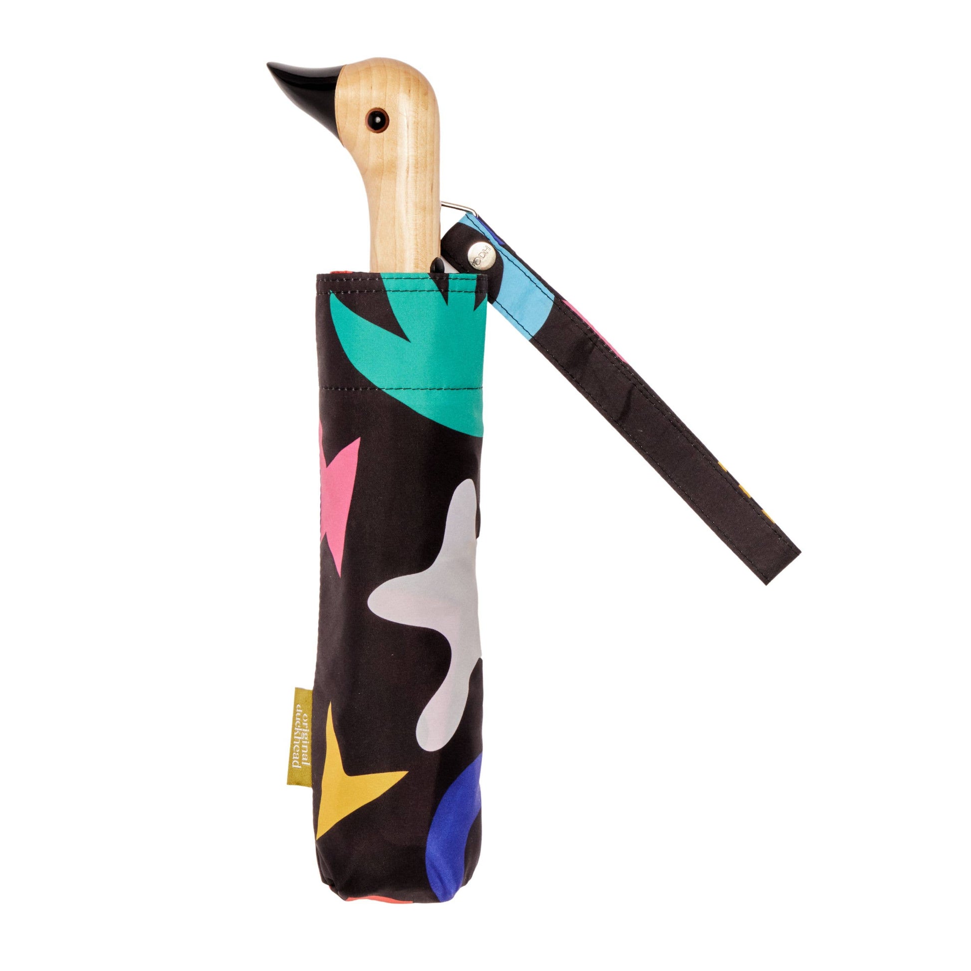 Colorful umbrella with a wooden handle on a white background