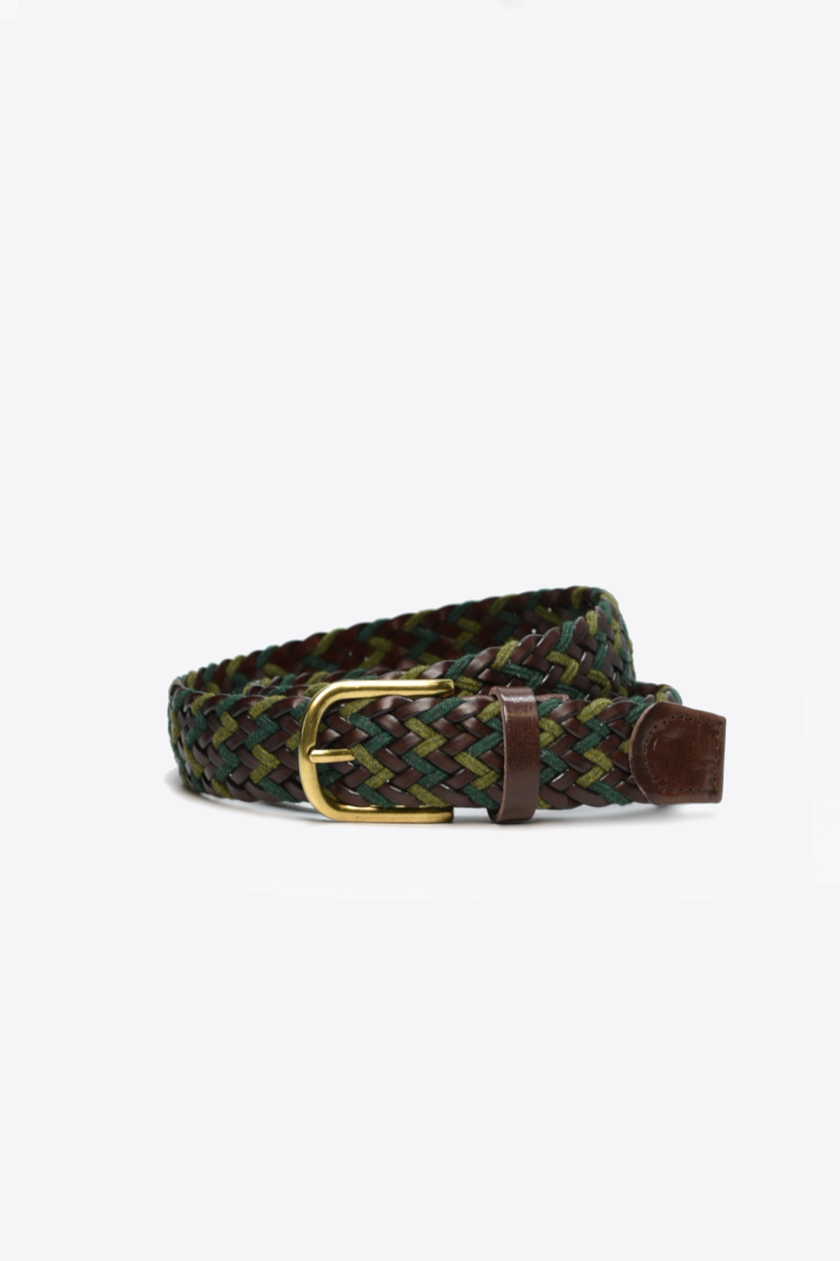Woven belt with a gold buckle on a white background