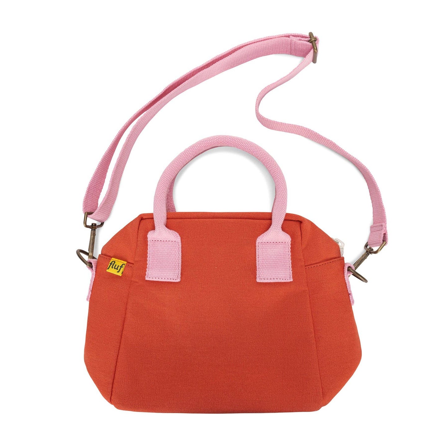 Orange handbag with pink straps on a white background