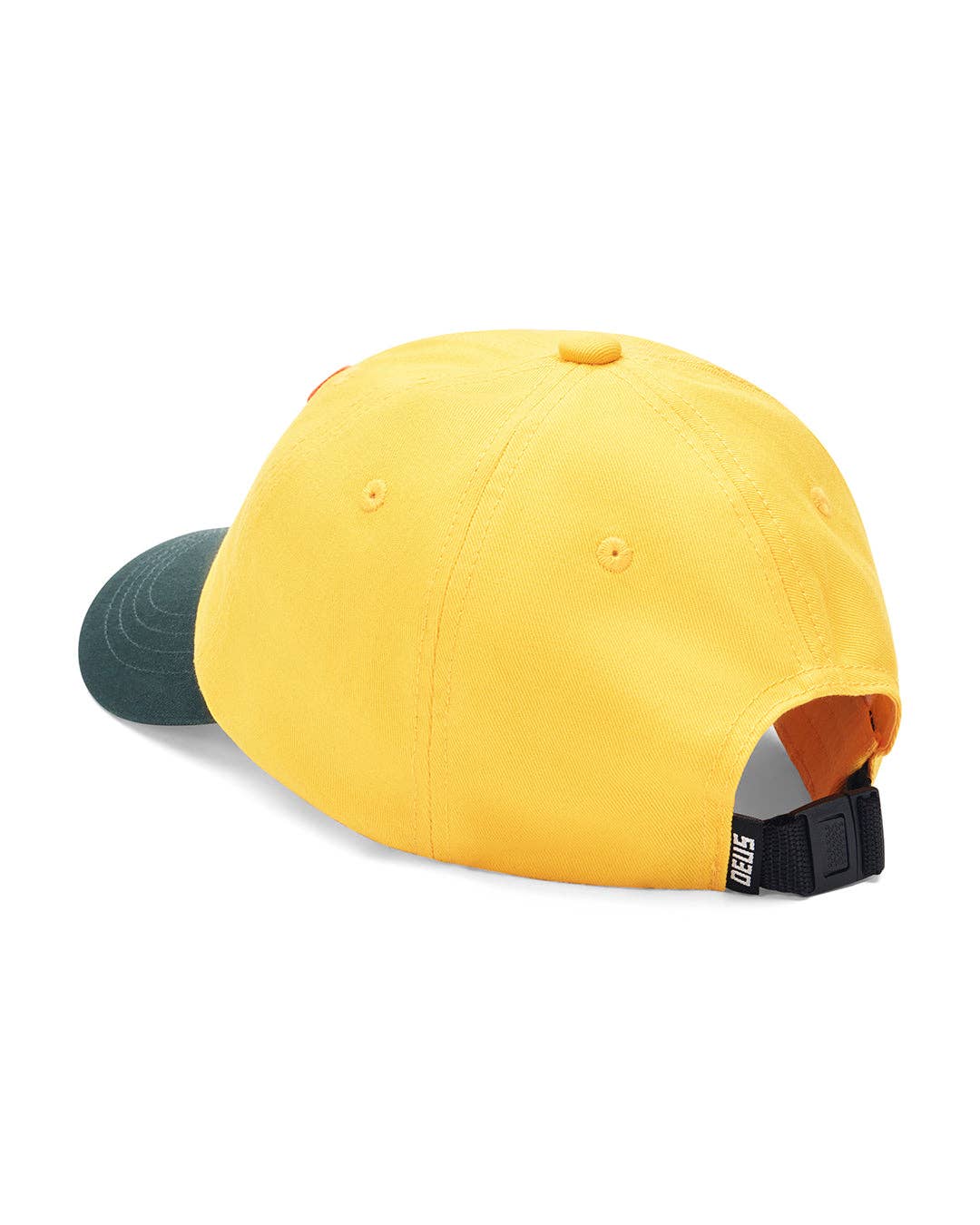 Yellow cap with a green bill on a white background