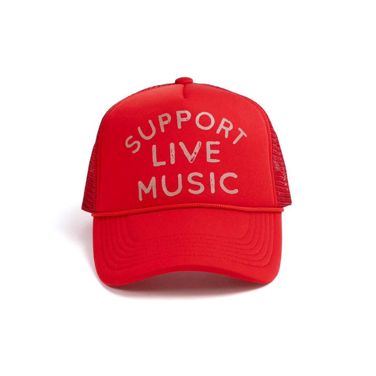 Red cap with 'Support Live Music' text on a white background