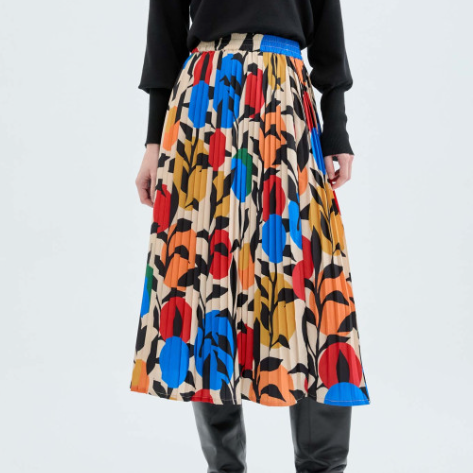 Leaf Print Pleated Midi Skirt - Multi