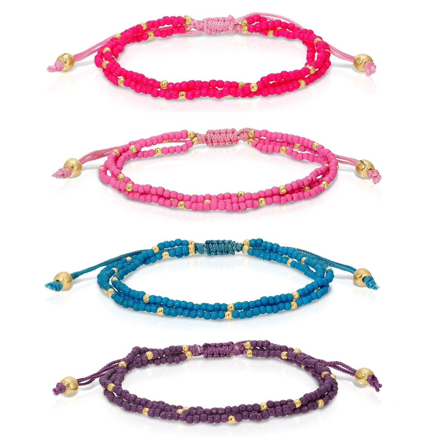 Set of four colorful beaded bracelets on a white background