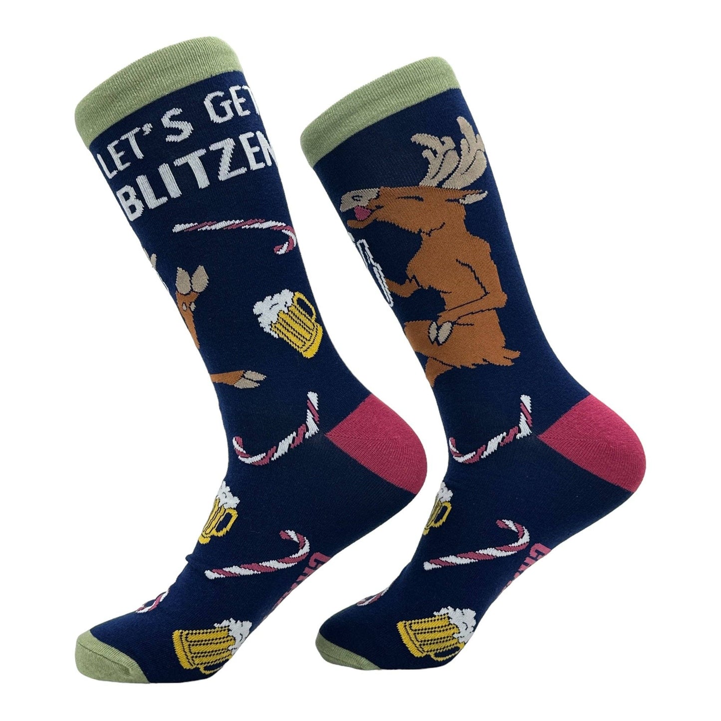 Two festive socks with reindeer and candy cane designs on a white background