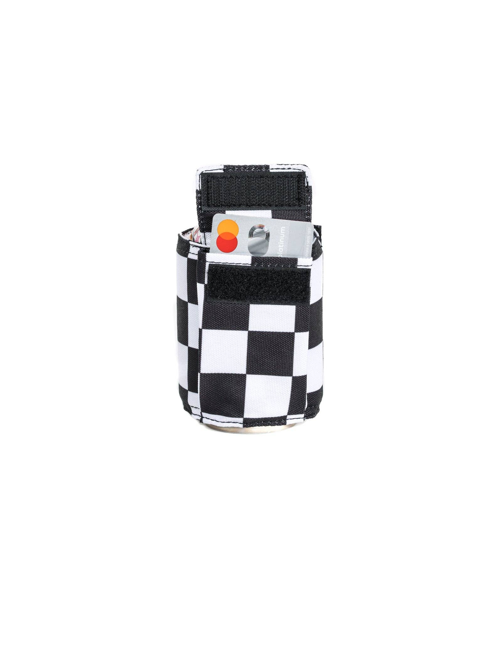 Black and white checkered phone case with a small orange button on a white background