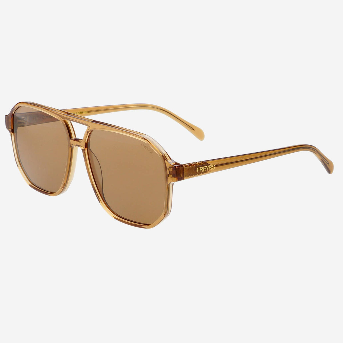 Gold-framed sunglasses with brown lenses on a white background