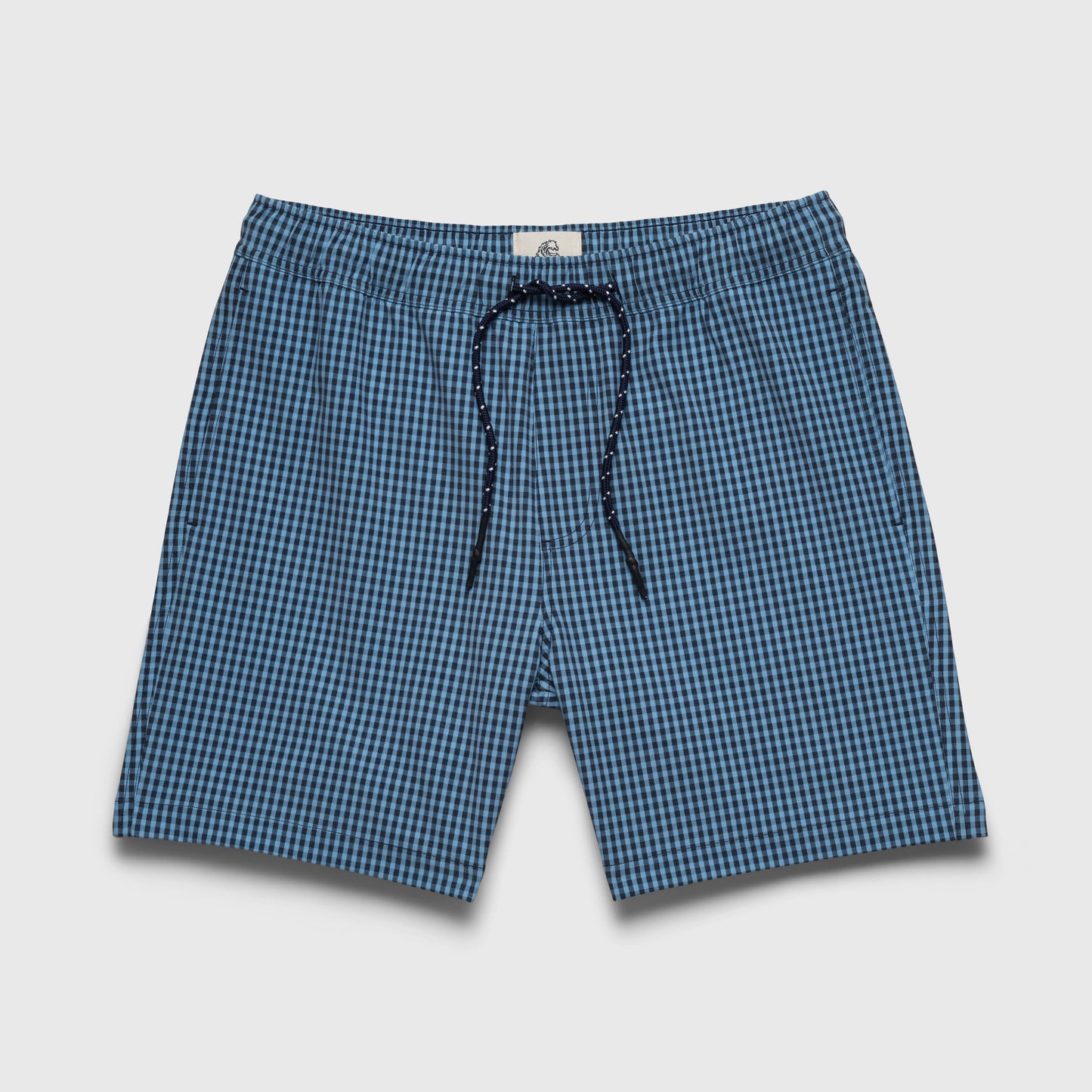 Blue checkered shorts with a drawstring on a light gray background