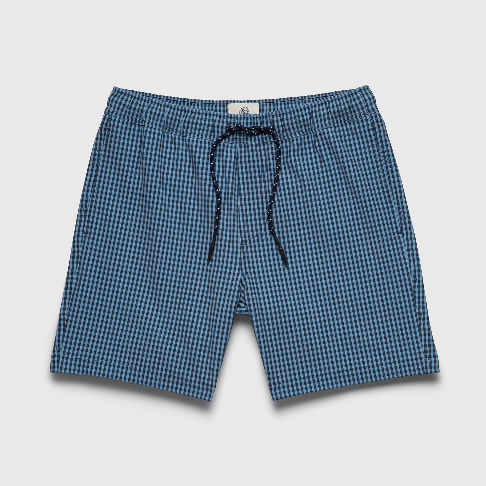Blue checkered shorts with a drawstring on a light gray background