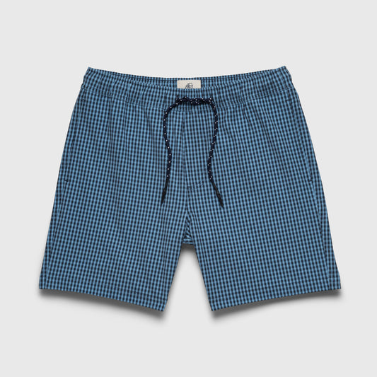 Blue checkered shorts with a drawstring on a light gray background