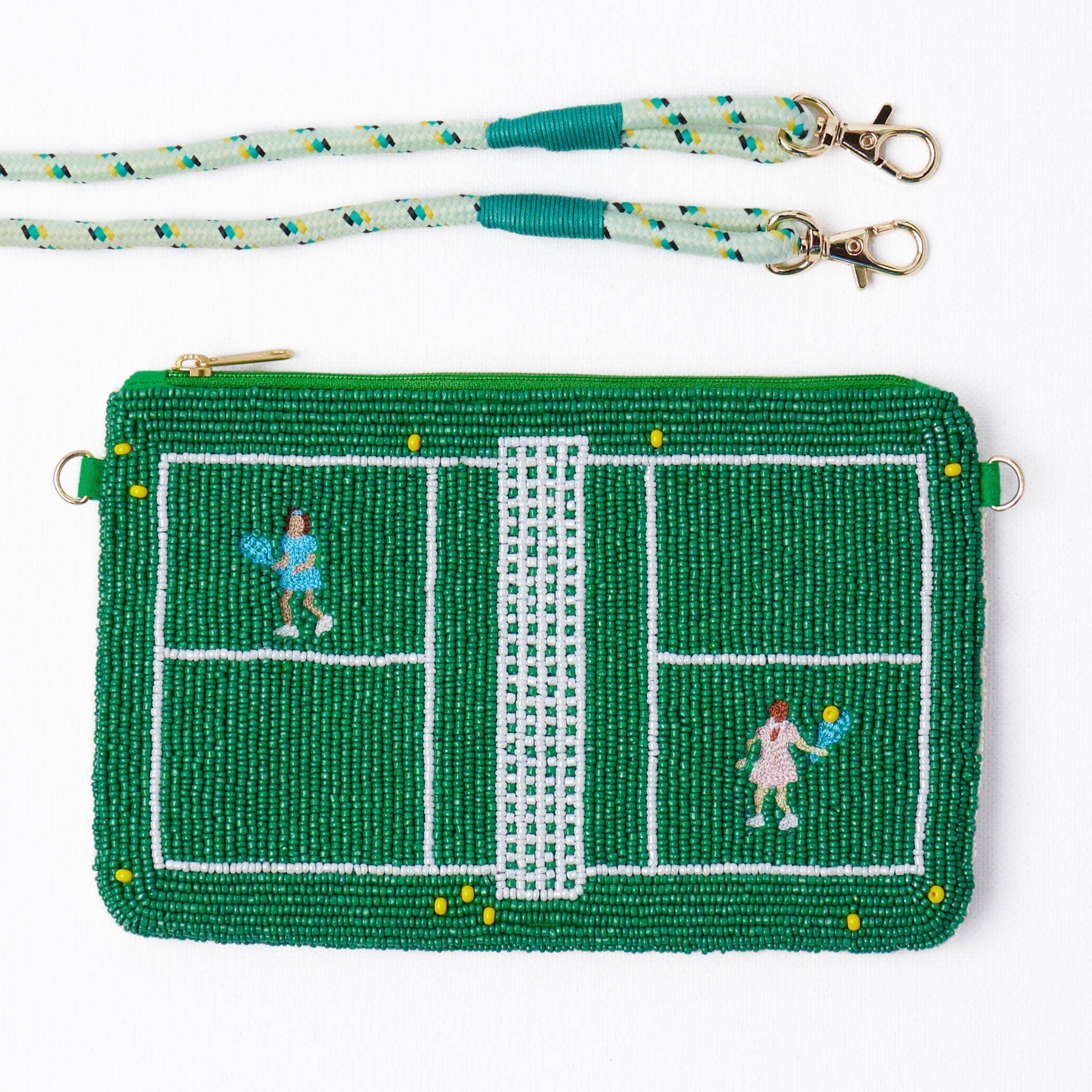 Beaded pouch with tennis court design and two people playing tennis, on a white background.