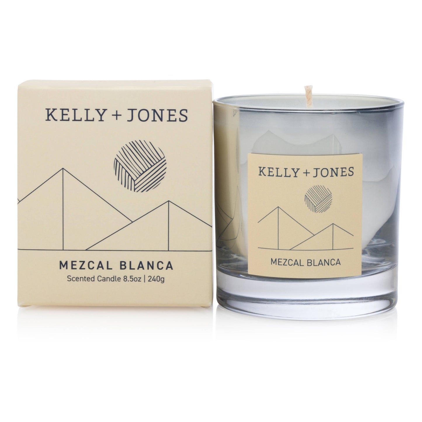 Kelly + Jones Mezcal Blanca candle and packaging on a white background