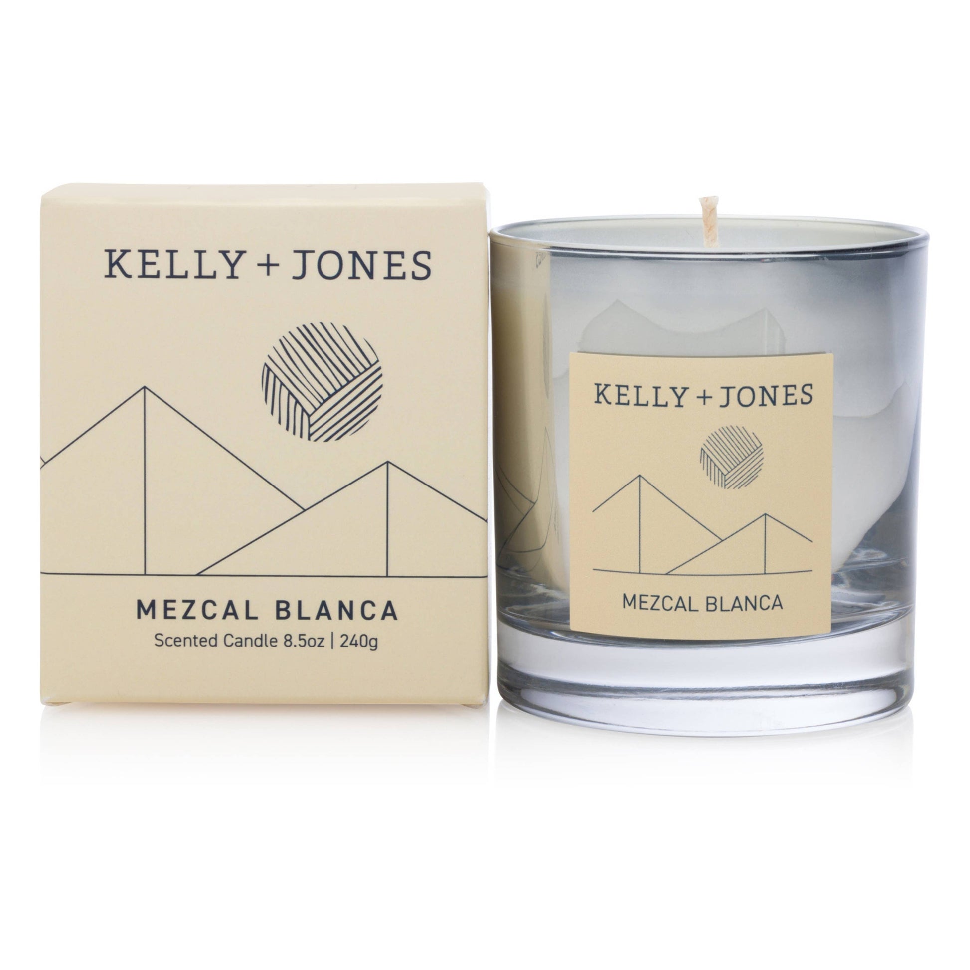 Kelly + Jones Mezcal Blanca candle and packaging on a white background
