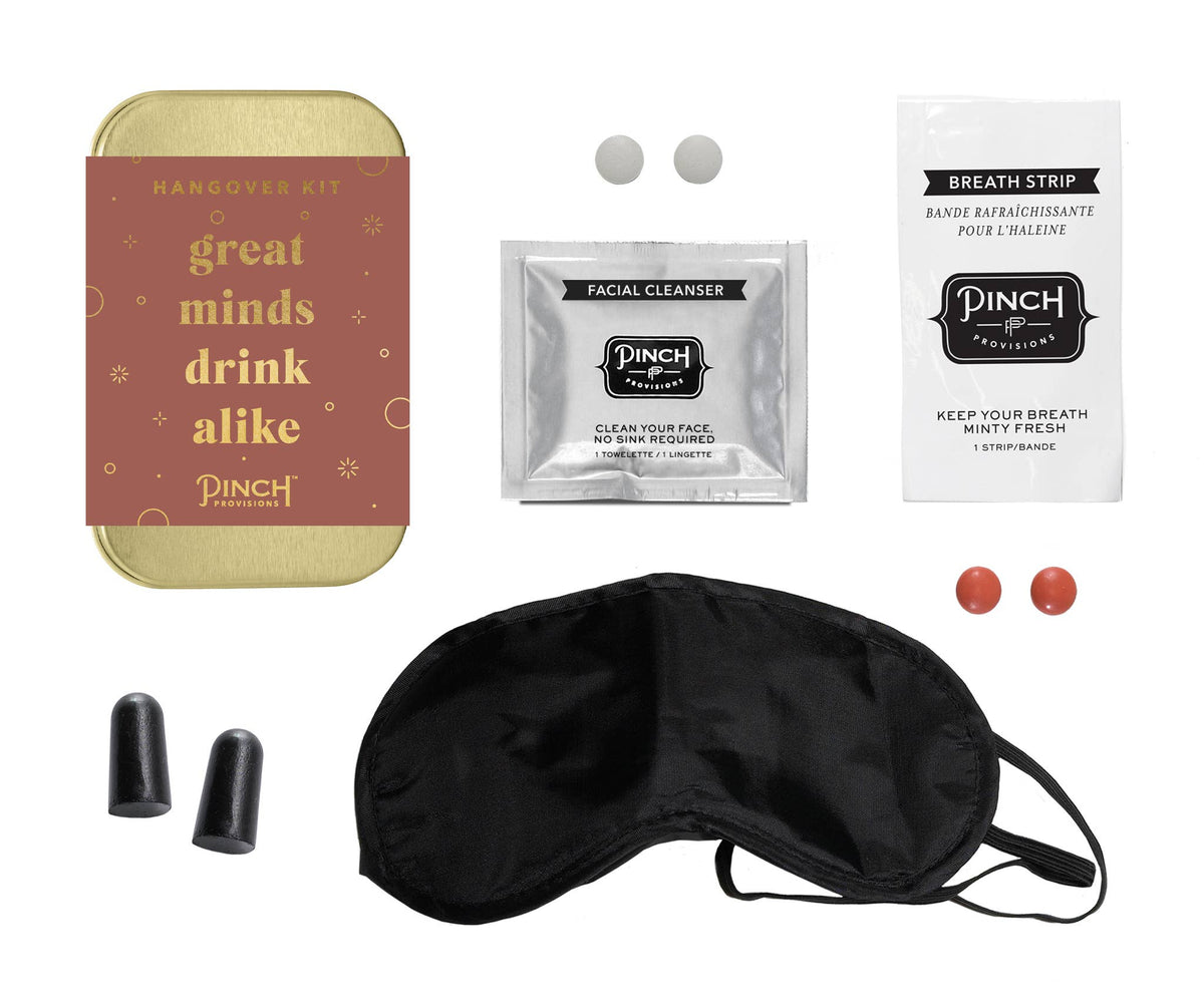 Hangover kit with facial cleanser, eye mask, earplugs, and breath strip on a white background