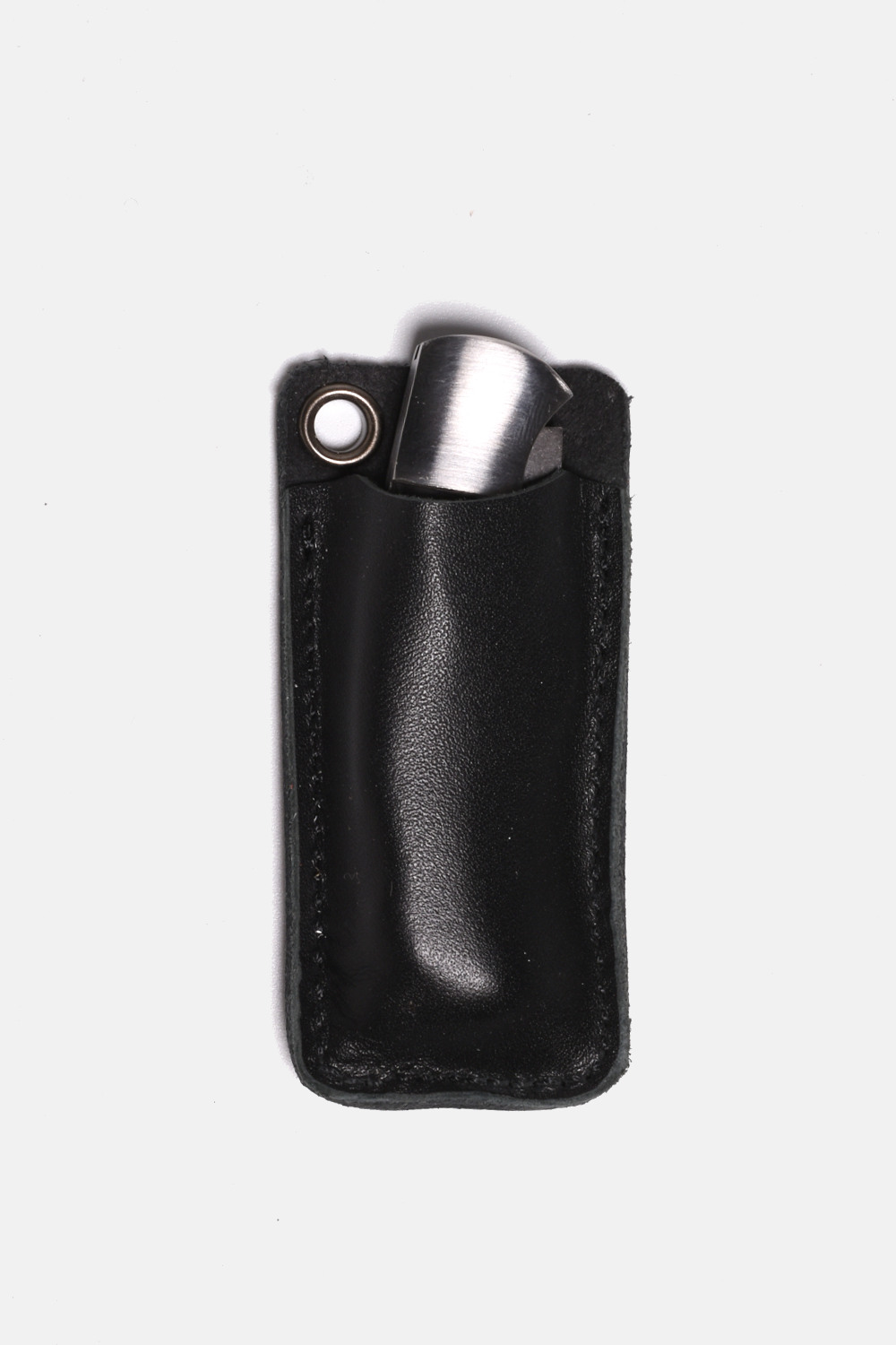 Black leather lighter case with a silver lighter on a white background