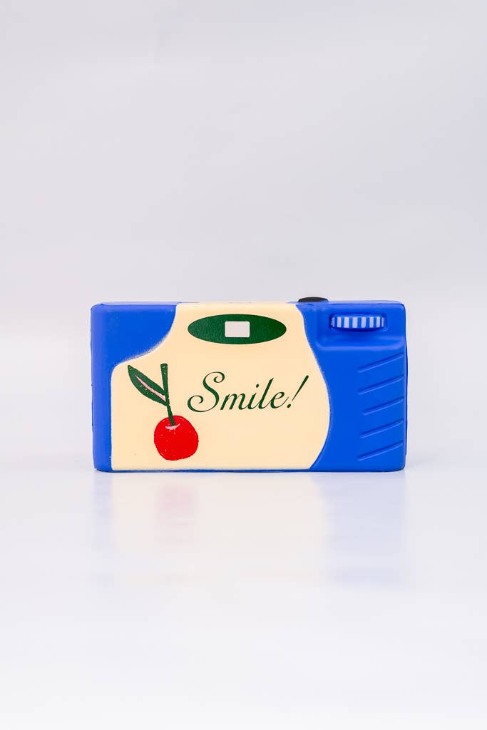 Blue container with a smiley face design on a white background