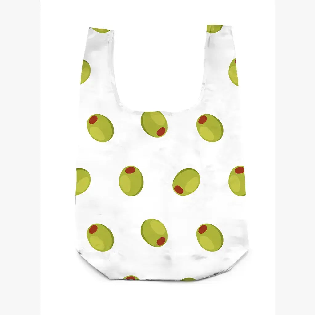 White reusable shopping bag with green olive pattern on a white background