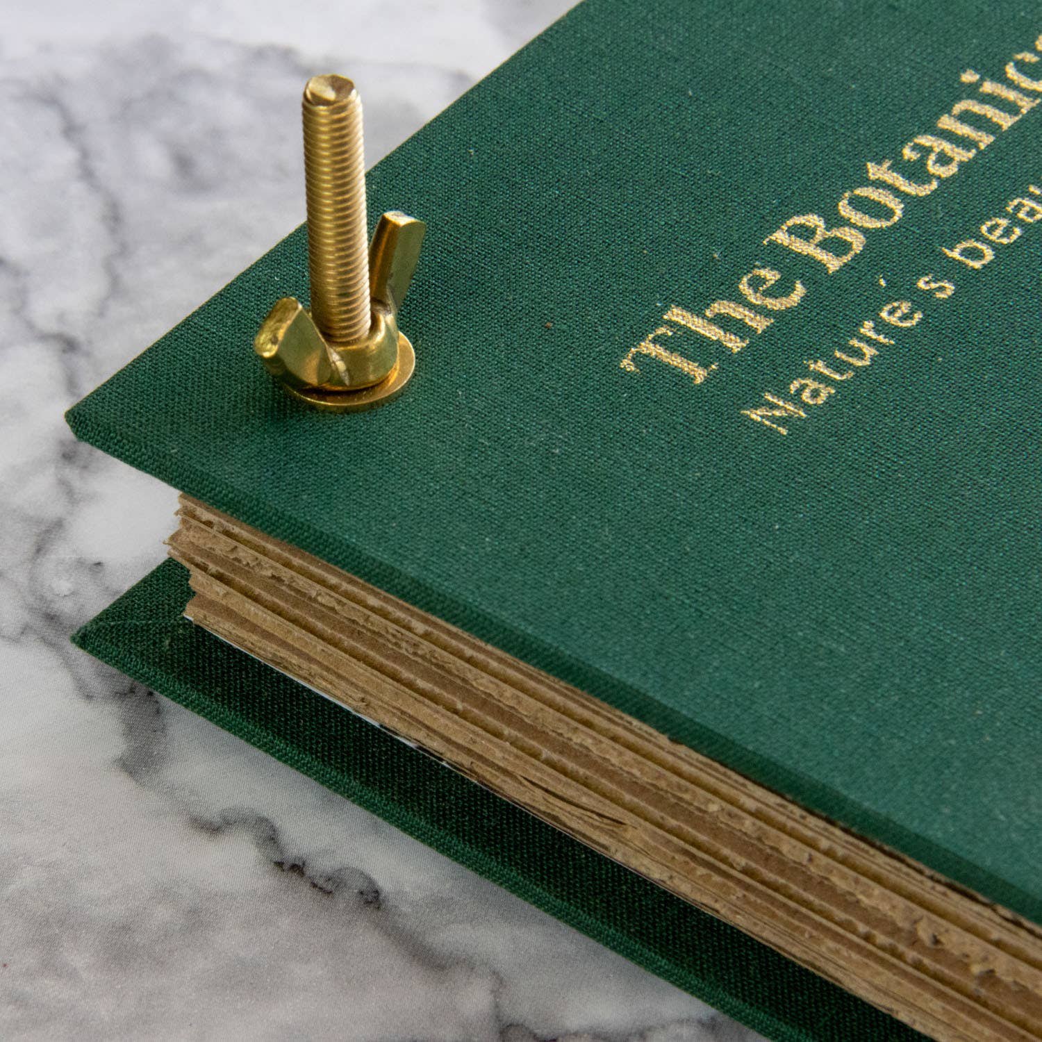 Green book titled 'The Botanic Nature's Beauty' with a gold metal clip on a marble surface
