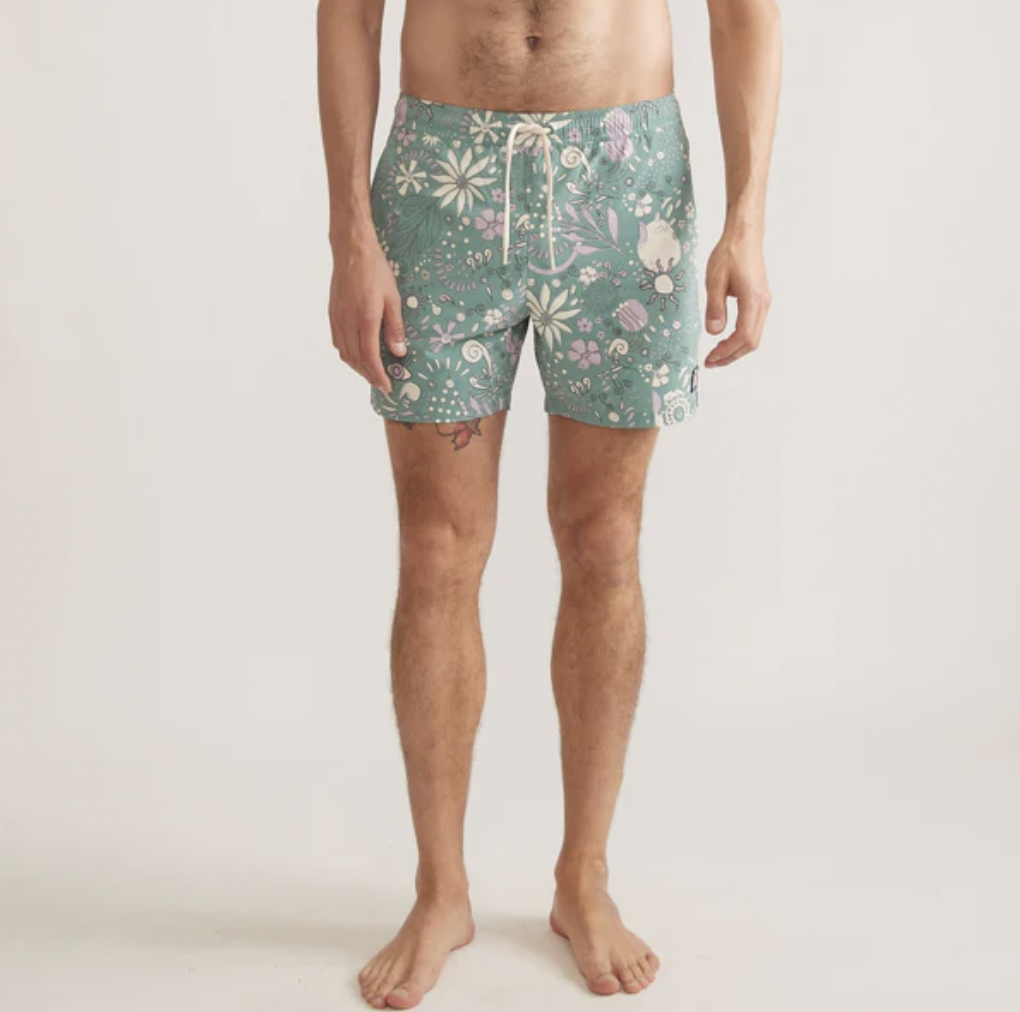 6" Mechanical Stretch Swim Trunk - Green Floral Print