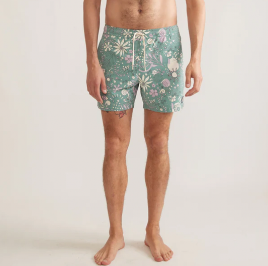 6" Mechanical Stretch Swim Trunk - Green Floral Print