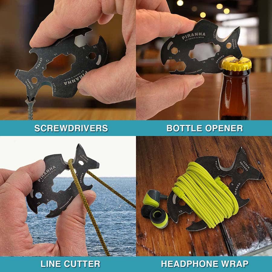 Multitool with various functions including screwdrivers, bottle opener, line cutter, and headphone wrap.