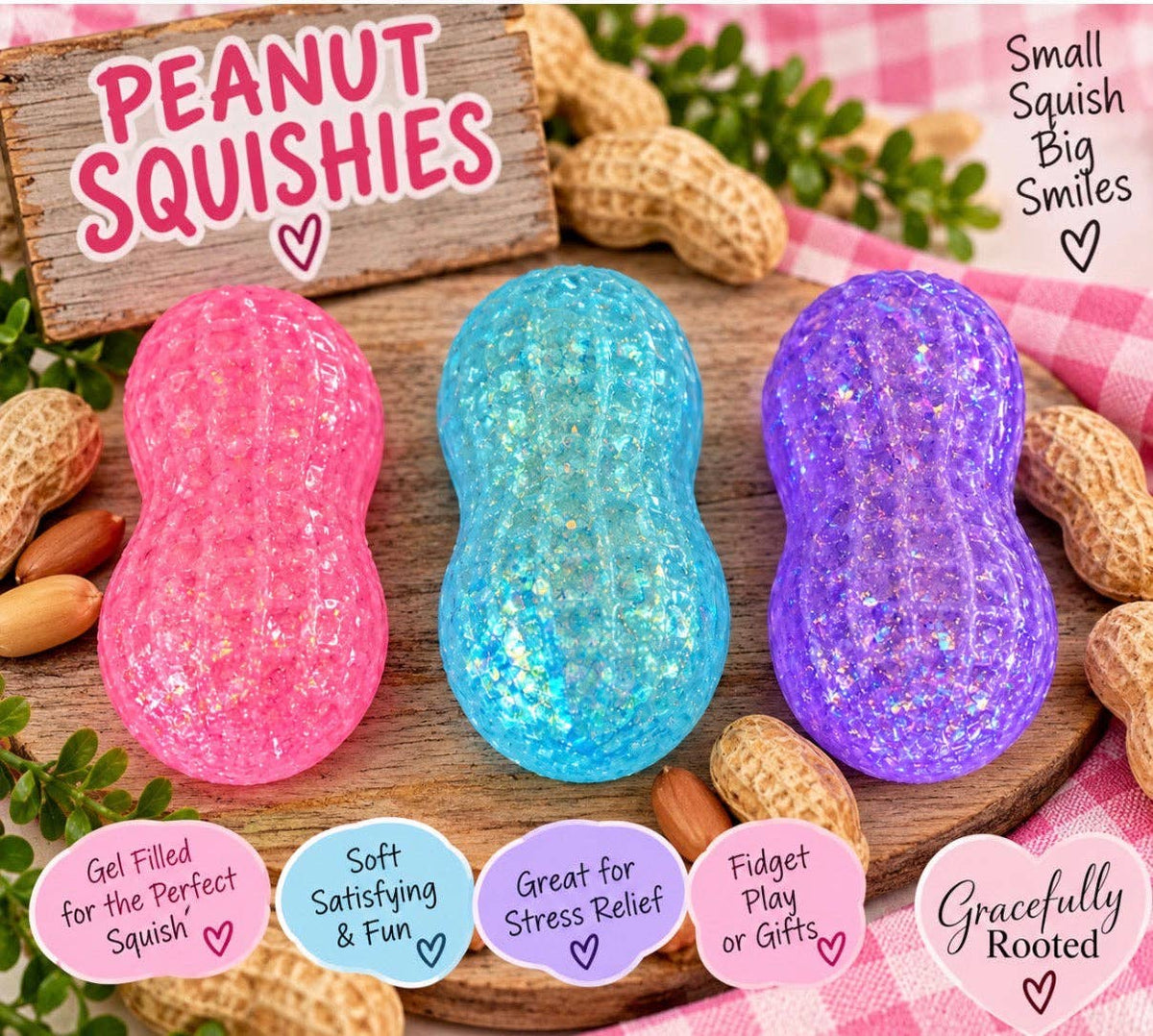Three peanut-shaped glitter stress relief squishies in pink, blue, and purple, displayed on a wooden board with peanuts and a checkered cloth. The image includes promotional text overlays describing the product features and brand 'Gracefully Rooted'.