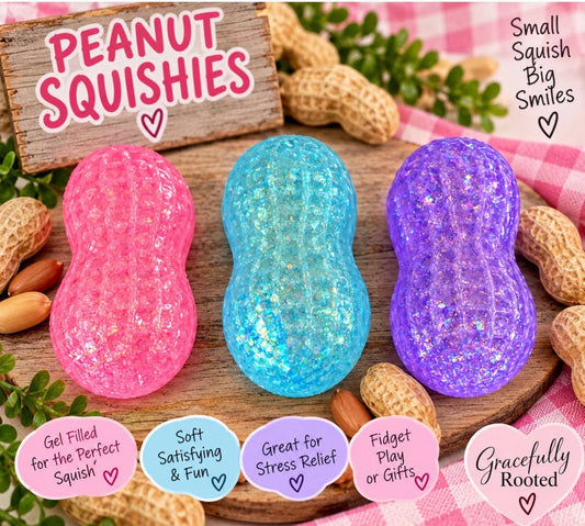 Three peanut-shaped glitter stress relief squishies in pink, blue, and purple, displayed on a wooden board with peanuts and a checkered cloth. The image includes promotional text overlays describing the product features and brand 'Gracefully Rooted'.
