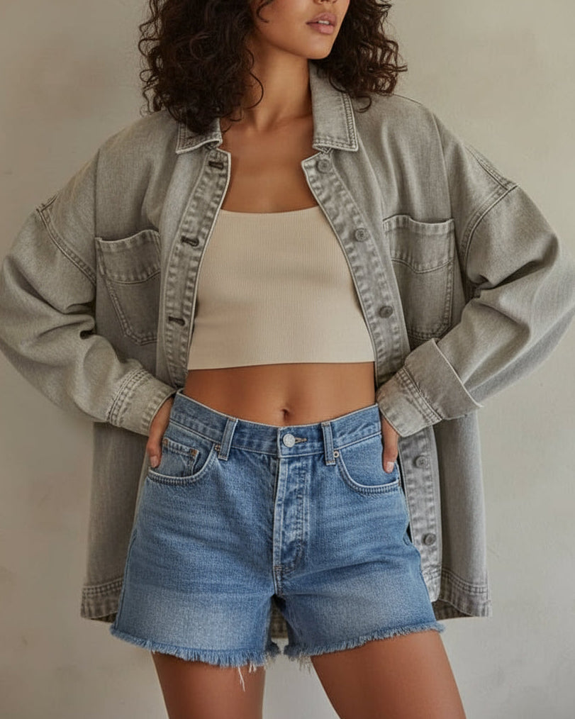 Woman wearing a denim jacket, beige top, and blue shorts against a plain background