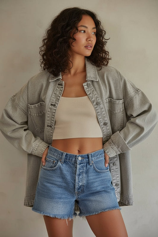Woman wearing a denim jacket, beige top, and blue shorts against a plain background
