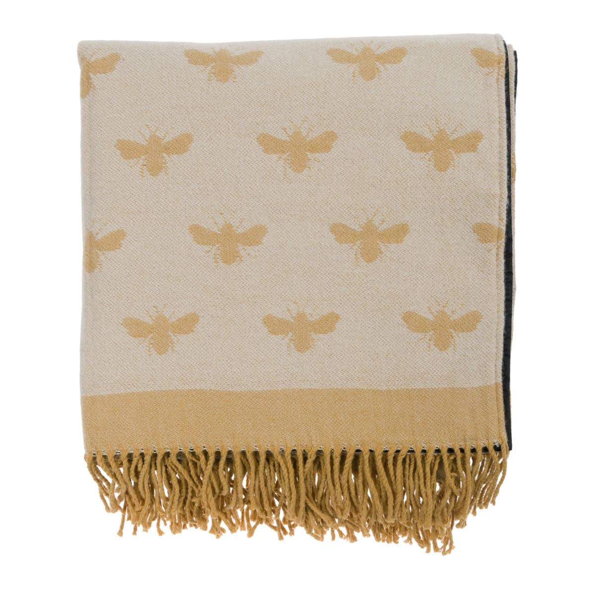 Beige throw blanket with bee pattern and fringes on a white background