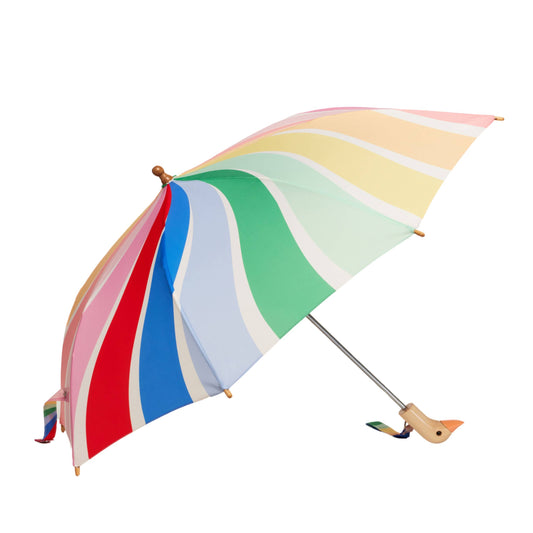 Colorful striped umbrella with bird-shaped handle on a white background