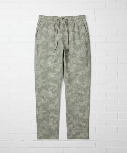 Camouflage pants with drawstring on a white background