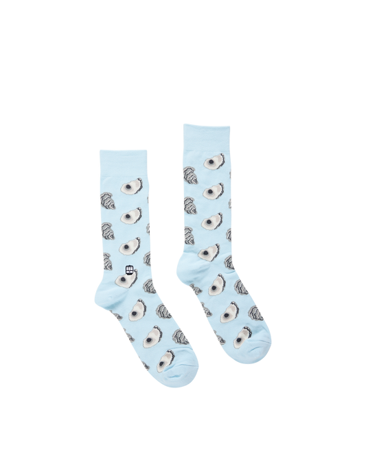 Pair of light blue socks with owl pattern on a white background