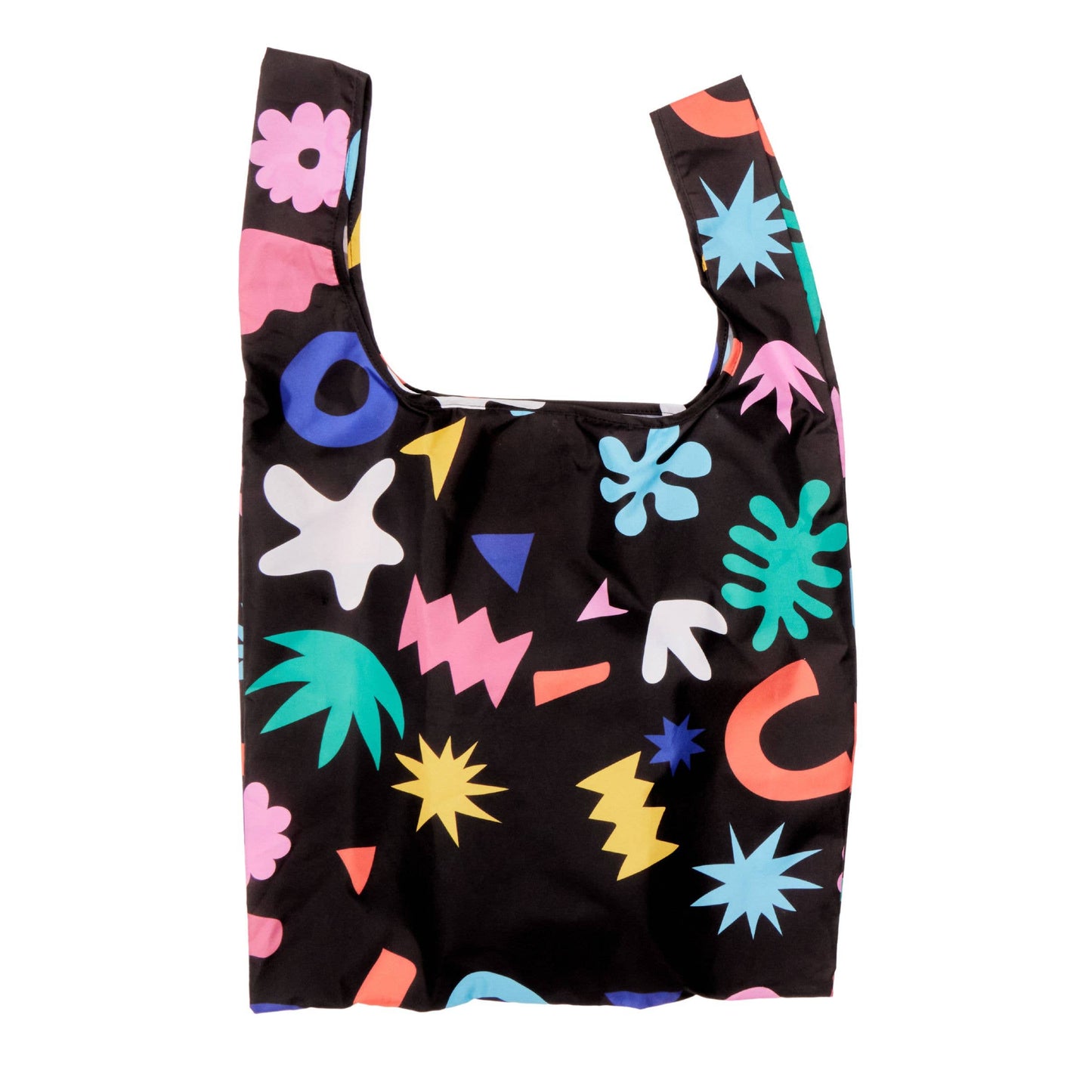Black reusable bag with colorful geometric patterns on a white background