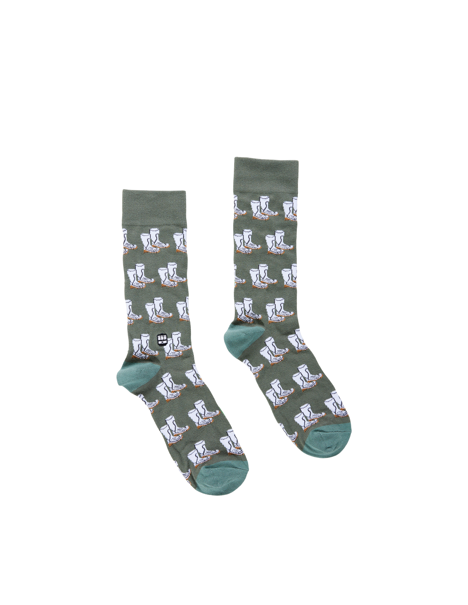 Green socks with white patterns on a white background