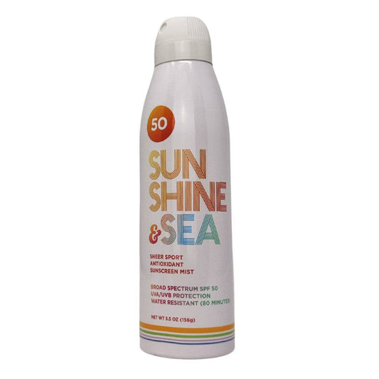Sunscreen spray bottle labeled 'Sunshine & Sea' on a white background