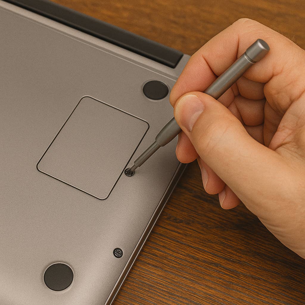 Hand using a stylus on a laptop's touchpad