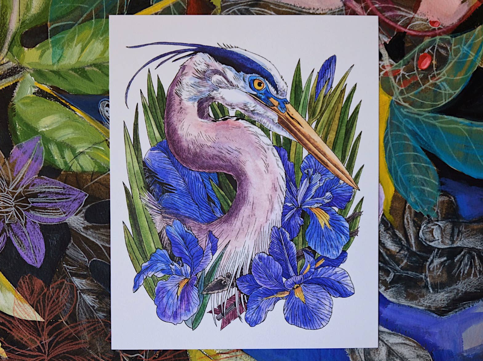 Colorful illustration of a heron among flowers on a textured fabric background