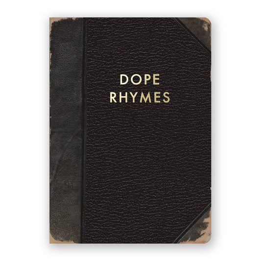Black leather notebook with 'Dope Rhymes' embossed on the cover against a white background