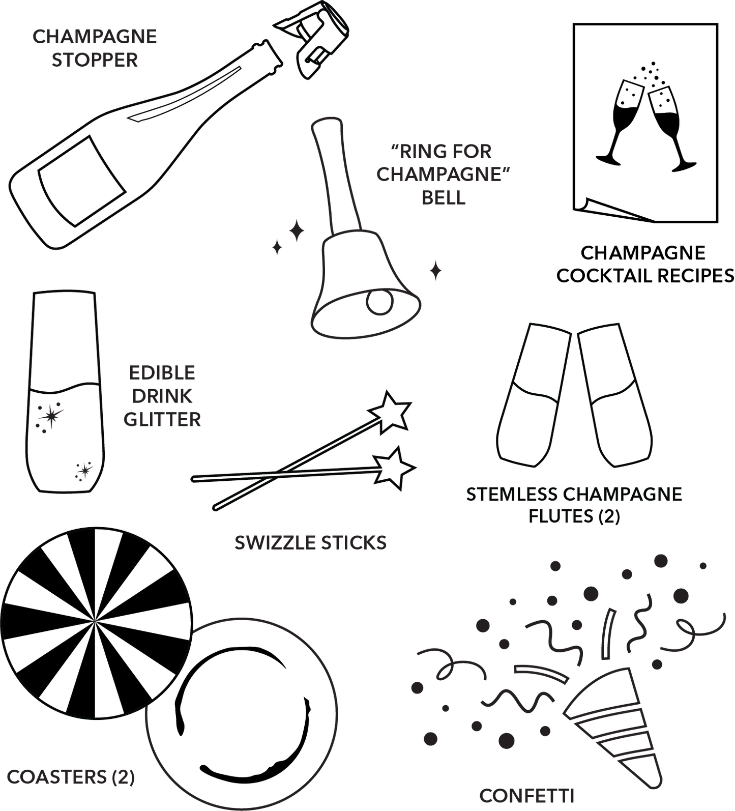Illustrations of champagne-related items including a bottle, glasses, and accessories on a white background.